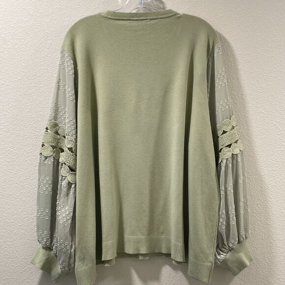 SIONI Milano Long Sleeve Lace Trim Lightweight Sweater, Sage - 3X - Picture 3 of 8